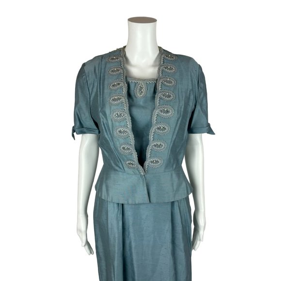 Vintage 1950s Dress Set Women's Small Faux Silk Blue Cocktail Outfit - Picture 4 of 15